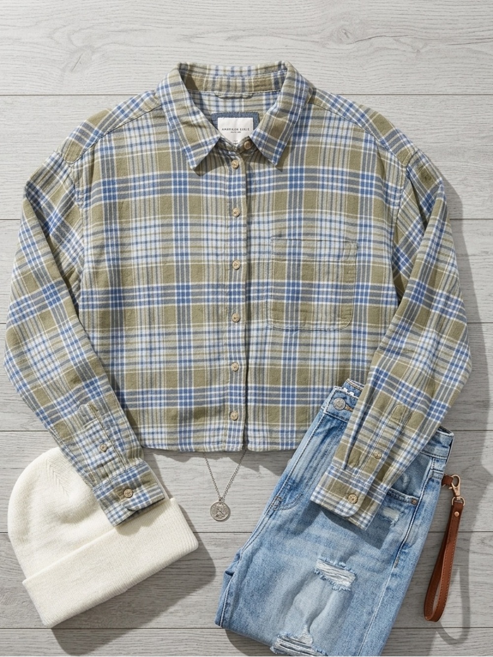 American Eagle Outfitters Olive Green & Blue Plaid Button-Up Shirt